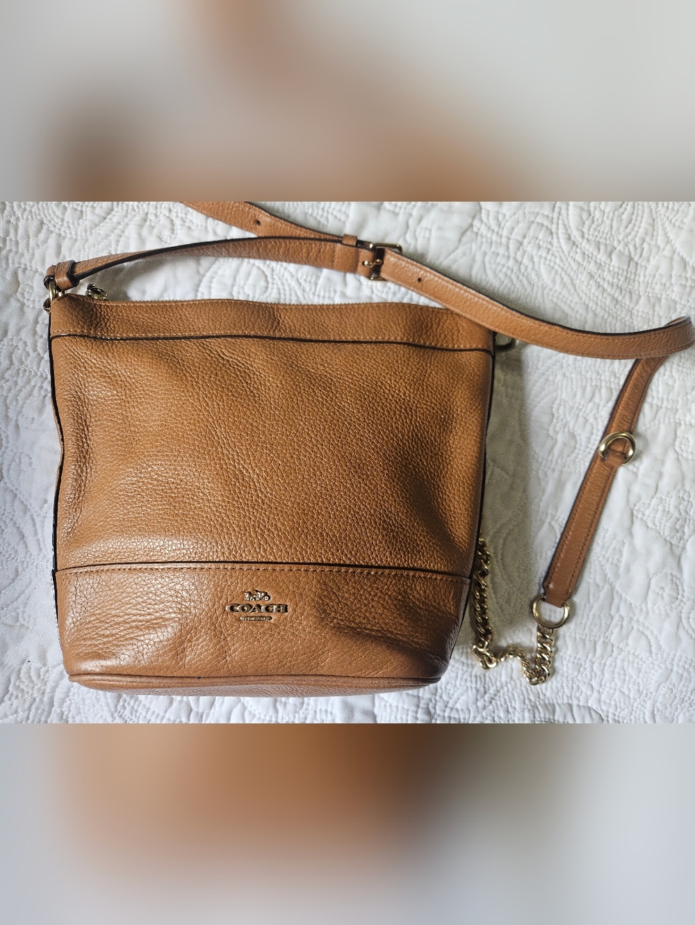 Coach Pebbled Leather Tan Crossbody Bag with Gold Hardware